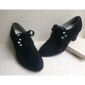 Vintage 1930s 40s Black Suede Lace Up Heels Womens Oxford‎ Block Heel Art Deco 7
